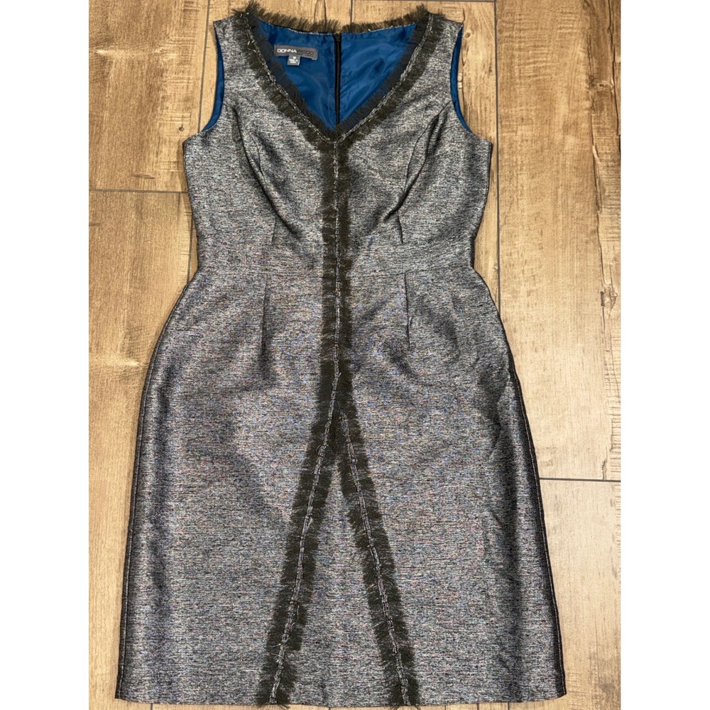 Donna Ricco New York V-Neck Sleeveless Textured Dress Size 10 Metallic Fringe